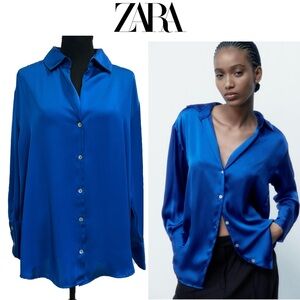 Zara Royal cobalt blue satin effect long sleeve button front button down blouse